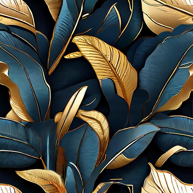 Tapete mit tropischen Blättern, luxuriöse Naturblätter, Musterdesign, goldene Bananenblatt-Linienkunst, handgezeichneter Umriss