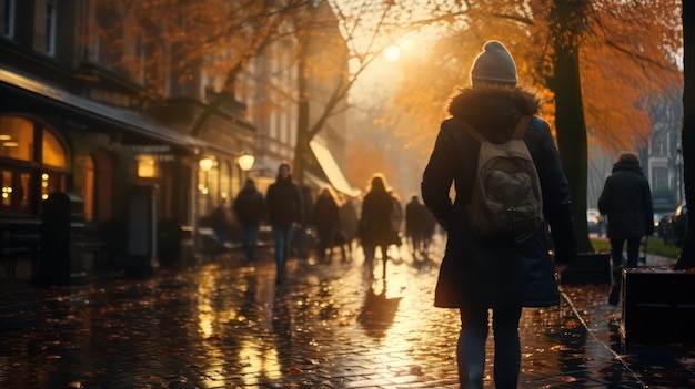 Tapete mit verschwommenen Menschen, die in den Strahlen der untergehenden hellen Sonne durch die moderne verregnete Stadt laufen