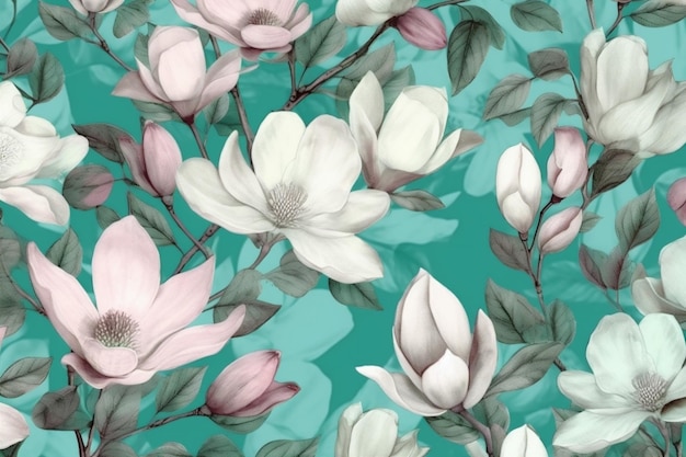 Tapete nahtloser Blatthintergrund Blumentrendmuster florale Aquarelldekoration Magnolie Generative KI