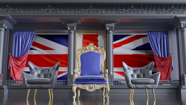 Foto tapete vermelho com barreiras que levam ao trono da rainha do trono do reino unido com bandeira do reino unido em segundo plano renderização 3d