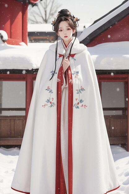 Tapeten klassische chinesische Schönheit trägt Hanfu cheongsam Jacke im kalten Winter und Schnee