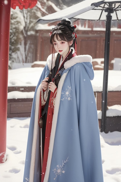 Tapeten klassische chinesische Schönheit trägt Hanfu cheongsam Jacke im kalten Winter und Schnee