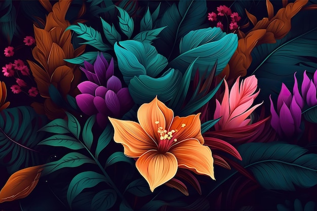 Tapetenmuster mit bunten Blumen und Blättern, 3D-Innenwandmalerei, Wandkunst-Dekor