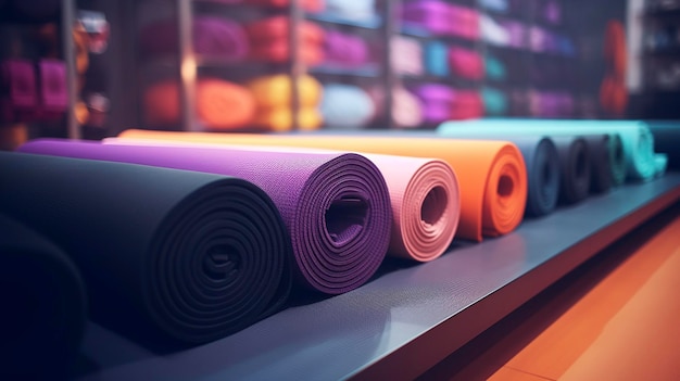 Tapetes de ioga enrolados de várias cores cuidadosamente dispostos em uma prateleira com um fundo iluminado por néon vibrante