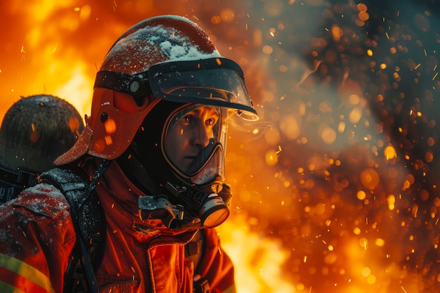 Tapferer Feuerwehrmann in Aktion, der Flammen in einem brennenden Gebäude in voller Ausrüstung löscht