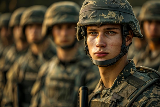 Tapferer Krieger fängt das Wesen eines männlichen Soldaten in Militäruniform ein, der von Kameraden umgeben ist