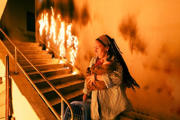 Tapferer Zivilist, der Baby- und Haustierkatzen oder -hunde in einer Kiste oder Tasche trägt, steigt die Treppe eines brennenden Gebäudes hinunter. Offenes Feuer und ein Feuerwehrmann im Hintergrund. Foto in hoher Qualität