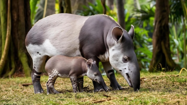 Tapir malayo con su bebé en el hábitat natural