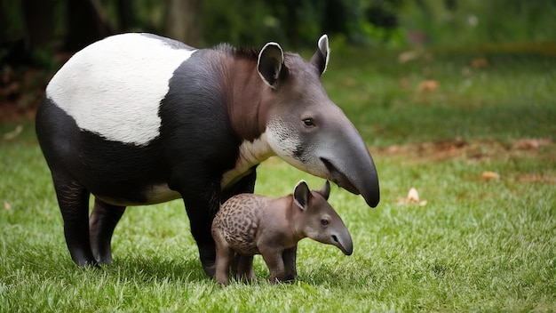 Tapir malayo con su bebé en el hábitat natural