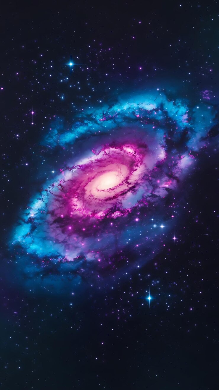 Un tapiz hipnotizante que representa una escena cósmica con una vibrante espiral de galaxias rodeada de brillo