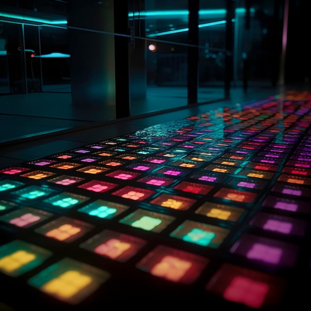 Tapiz luminoso Un caleidoscopio de colores adornando un piso LED Pintando espacios con vitalidad y deleite visual creados con tecnología de IA generativa