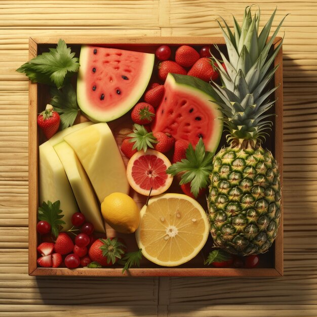 Foto un tapiz saludable una vista de pájaro de una mezcla de frutas frescas en una bandeja de madera en medio de la exuberante vegetación