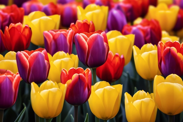 Foto un tapiz vibrante y cautivador campos de tulipanes rojos, púrpuras y amarillos ar 32