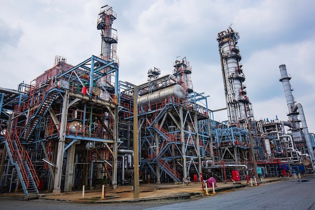 Tarde de cena de torre de planta de refinaria de óleo de tanque e óleo de tanque de coluna da indústria petroquímica.