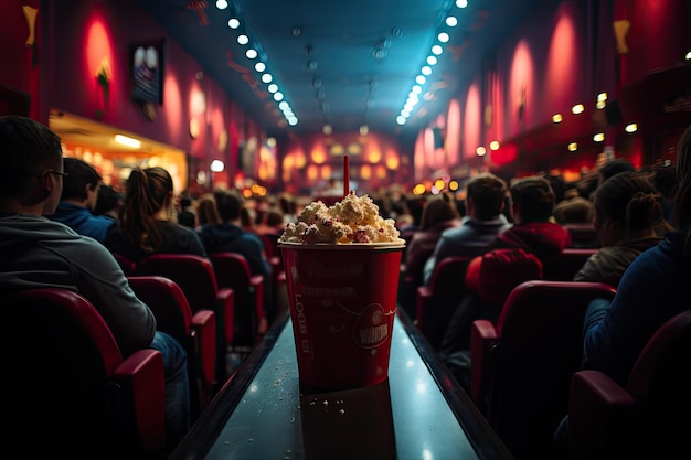 Foto tarde de filme com um balde gigante de sorvete ia generativa