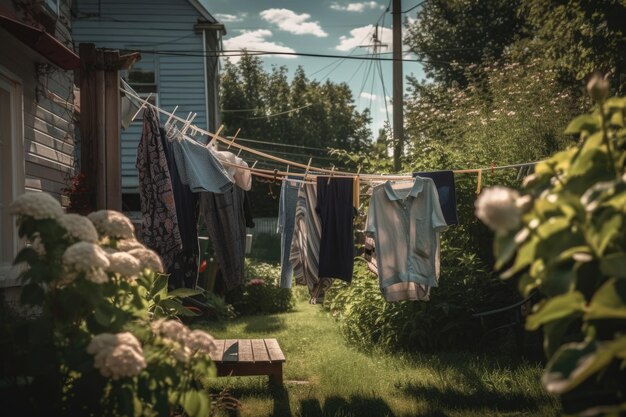 Una tarde húmeda de verano con la ropa soplando en la brisa creada con la IA generativa