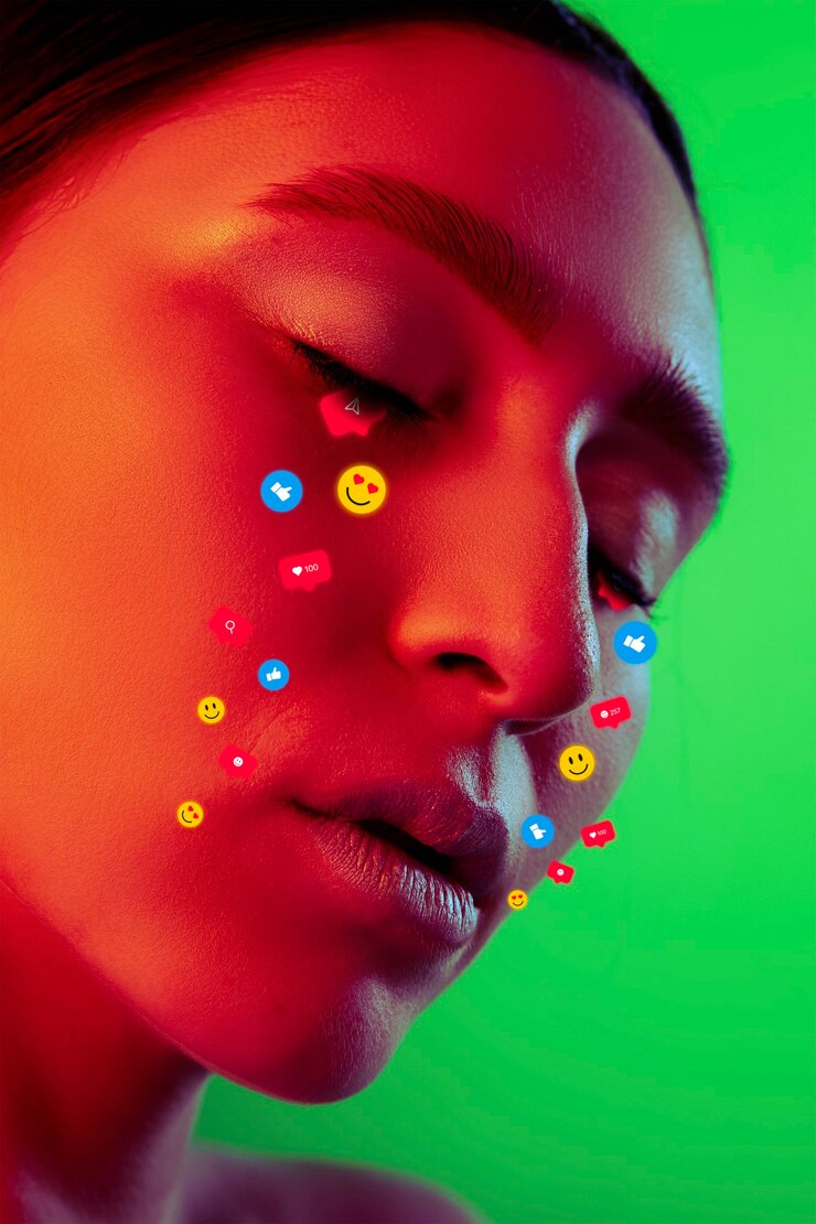 Foto tarde. lágrimas ilustradas de sinais de atividade de mídia social no rosto feminino em luz de néon. vida real versus estilo de vida online, vício no conceito de tecnologias modernas. copyspace para anúncio. arte criativa.