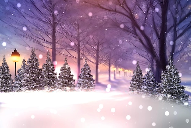 Tarde nevada de invierno en los pinos del parque de la ciudad cubiertos por la luz suave de la lámpara de la calle de la nieve