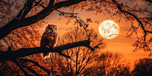 Tarde de otoño con luna llena en el cielo.