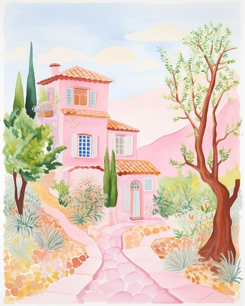 Foto tarde pacífica numa casa de campo casa de campo rosa ilustração a aquarela xa
