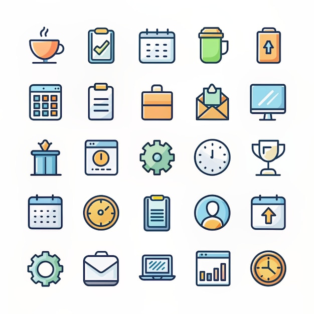 Tarea creativa y gestión de proyectos 25 Paquete de iconos de contorno como la taza de navegación de la computadora del tiempo