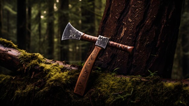 Foto la tarea forestal inminente un cuento de un hacha de leñador y el árbol esperado