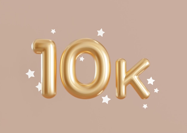 Tarjeta de 10000 seguidores con estrellas sobre fondo beige Banner para blog de redes sociales Celebración de 10k seguidores o me gusta Póster de logros en redes sociales Diez mil suscriptores 3d render