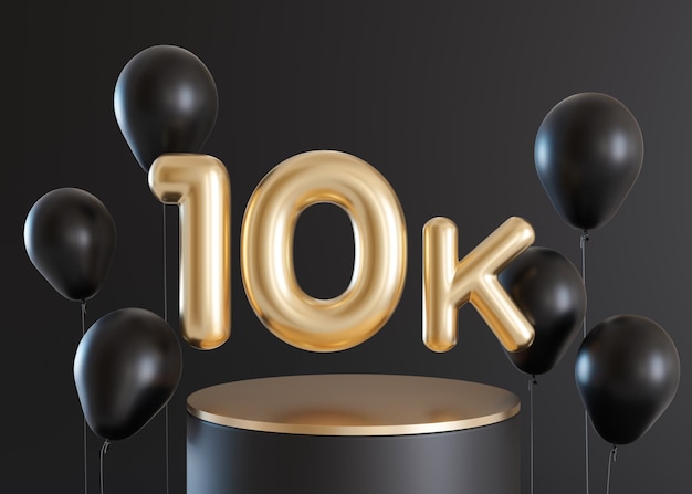 Tarjeta de 10000 seguidores con globos sobre fondo negro Banner para blog de redes sociales A 10k seguidores les gusta la celebración Afiche de logros en redes sociales Diez mil suscriptores 3d render