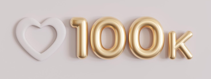Foto tarjeta de 100000 seguidores con corazón sobre fondo beige banner para blog de redes sociales celebración de 100k seguidores o me gusta cartel de logro de redes sociales cien mil suscriptores 3d render