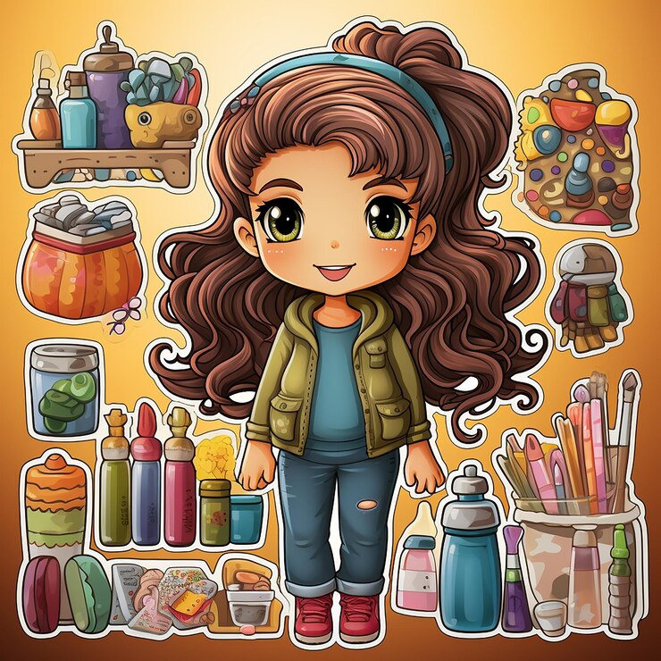 Foto tarjeta adhesiva de la chica linda de los dibujos animados