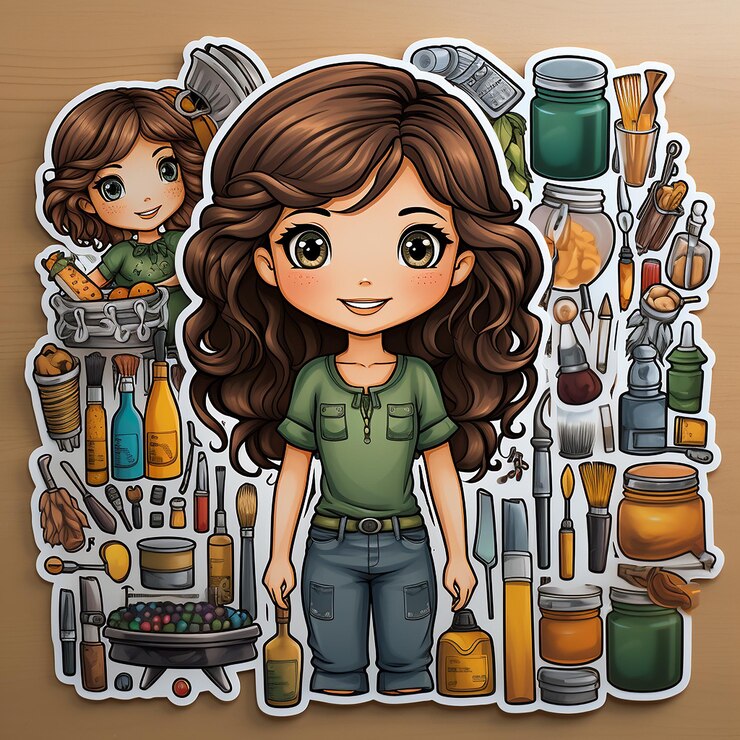 Foto tarjeta adhesiva de la chica linda de los dibujos animados