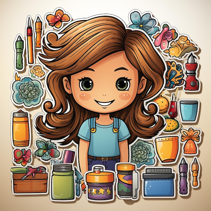 Foto tarjeta adhesiva de la chica linda de los dibujos animados