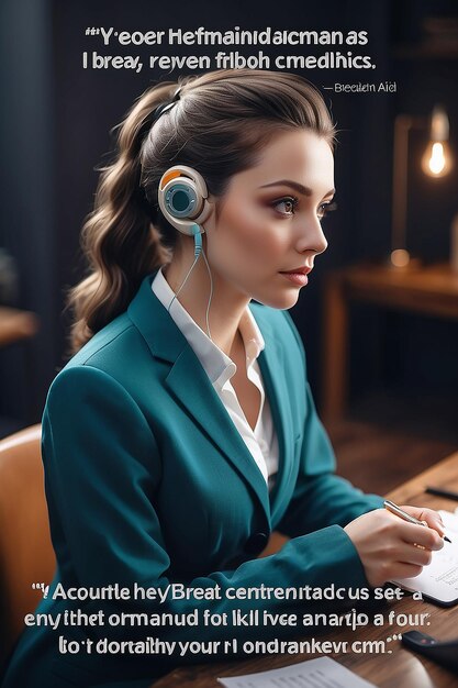 Foto tarjeta de afirmación inspiradora determinada mujer con audífono llevando a cabo un análisis de equilibrio ia generativa