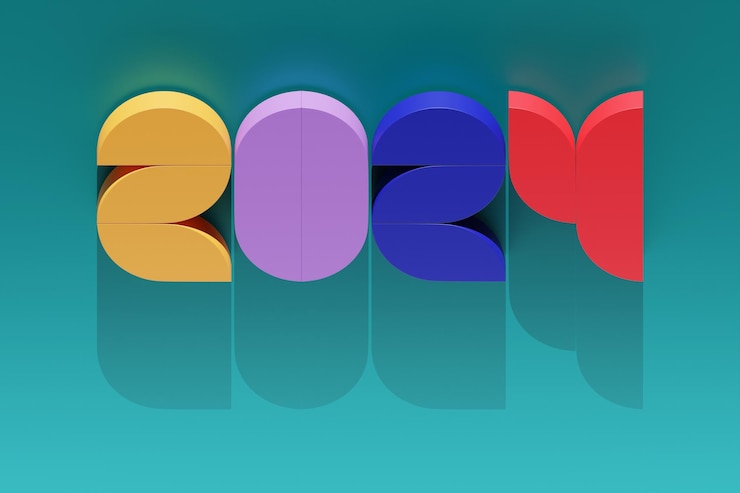 Foto tarjeta de año nuevo 2024 con número de año realista 3d sobre fondo azul ilustración 3d figuras volumétricas 2024 en un espacio angular para texto para saludos de año nuevo banner corporativo de año nuevo