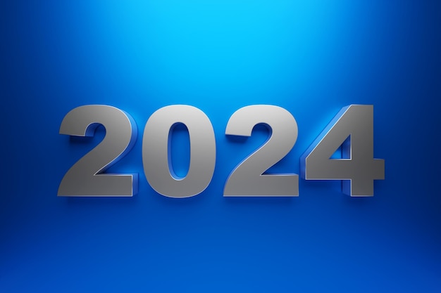 Tarjeta de año nuevo 2024 con número de año realista 3d sobre fondo azul Ilustración 3D Figuras volumétricas 2024 en un espacio angular para texto para saludos de Año Nuevo Banner corporativo de Año Nuevo