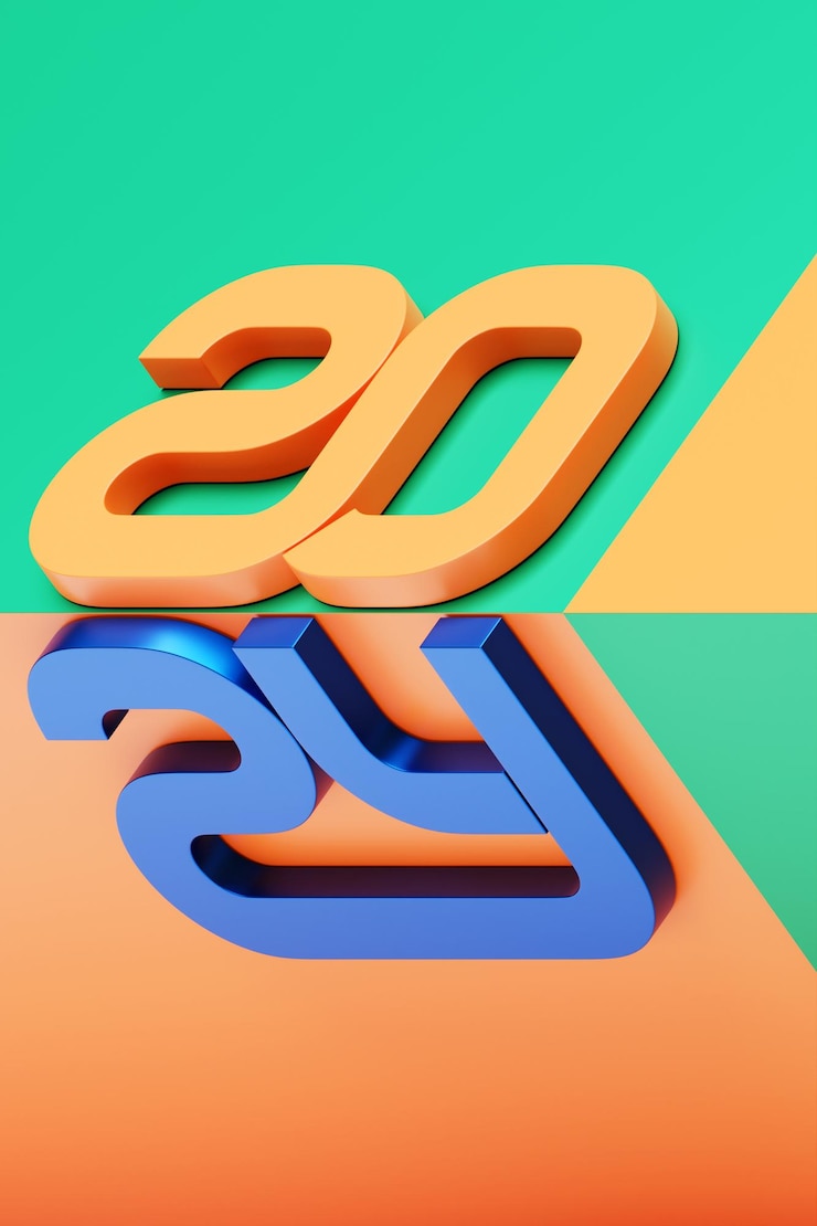 Foto tarjeta de año nuevo 2024 con número de año realista 3d sobre fondo colorido ilustración 3d figuras volumétricas 2024 en un espacio angular para texto para saludos de año nuevo banner corporativo de año nuevo