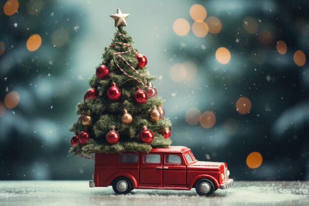 Tarjeta de Año Nuevo de Navidad Diseño creativo con un coche de juguete Un pequeño coche rojo vintage retro en una mesa nevada con árbol de Navidad en el techo AI generativa Vista lateral Guirlandas de bokeh