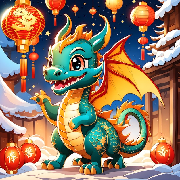 La tarjeta de Año Nuevo presenta un encantador dragón chino chibi como su principal atracción.