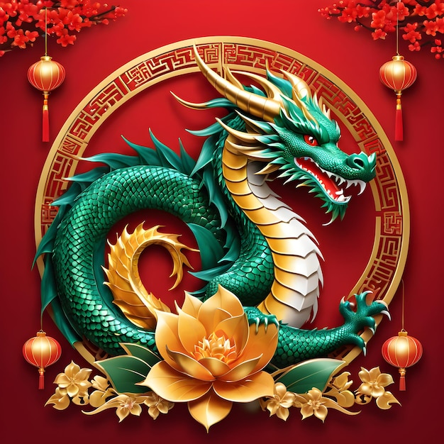 La tarjeta de Año Nuevo presenta un hermoso diseño que representa el signo del zodiaco del dragón que simboliza streng