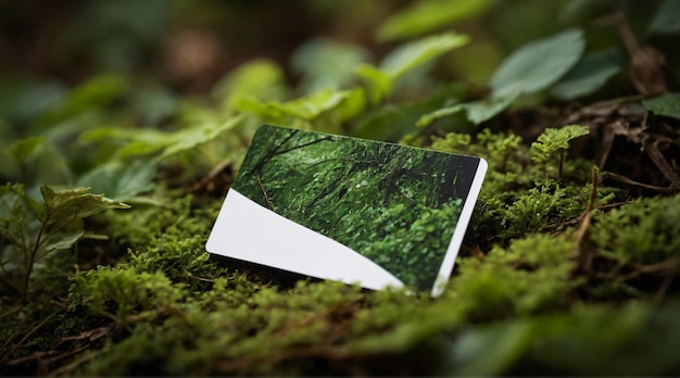 Tarjeta de arte de follaje verde con espacio blanco en blanco en el suelo del bosque