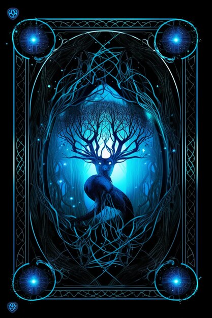 Una tarjeta azul con un árbol con la figura de una sirena.