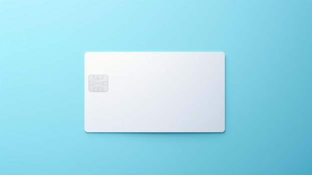 Tarjeta bancaria blanca en blanco o tarjeta de vale de regalo sobre un regalo de cumpleaños de fondo azul