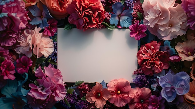 Tarjeta blanca adornada con flores vibrantes en tonos de rosa violeta y magenta