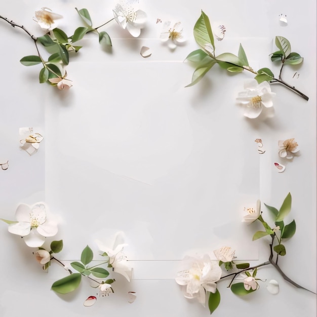 Tarjeta blanca en blanco con espacio para su propio contenido alrededor de la decoración de flores blancas con hojas verdes flores en flor un símbolo de primavera nueva vida