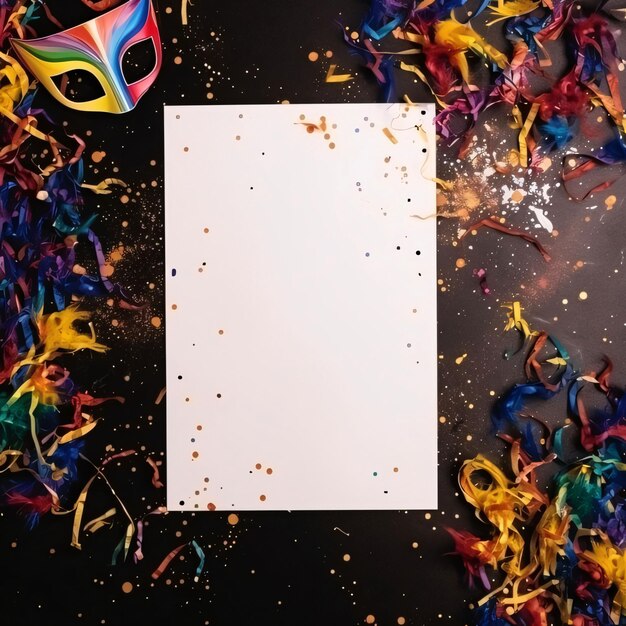 Foto tarjeta blanca en blanco con espacio para su propio contenido alrededor de decoraciones con plumas de colores máscaras de carnaval confeti trajes de carnaval máscaras y decoraciones
