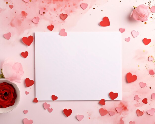 Tarjeta blanca en blanco con espacio para su propio contenido alrededor esparcidos corazones rosados rosados confeti vista desde arriba Día de San Valentín como un día símbolo de afecto y amor