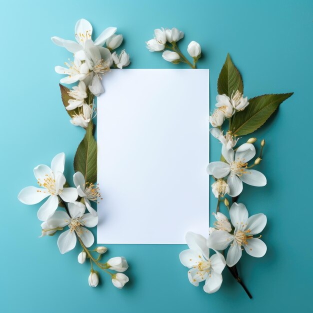 Tarjeta blanca en blanco con flores alrededor sobre un fondo de color azul cielo