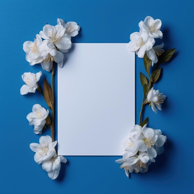 Tarjeta blanca en blanco con flores alrededor sobre un fondo de color azul Dodger