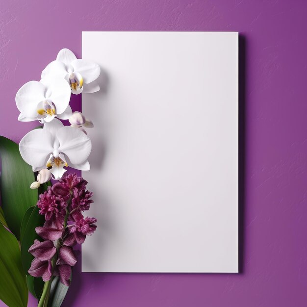 Tarjeta blanca en blanco con flores alrededor sobre un fondo de color orquídea medio