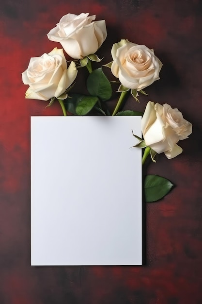 Tarjeta blanca en blanco sobre fondo de bronce con postal de rosas IA generativa